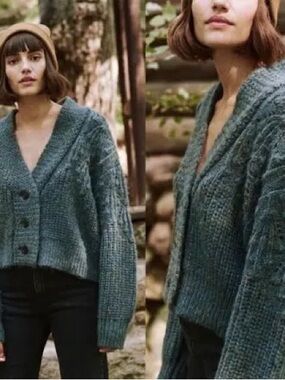 THE GREAT. Chunky Cable Knit Button Cardigan with metallic weave
